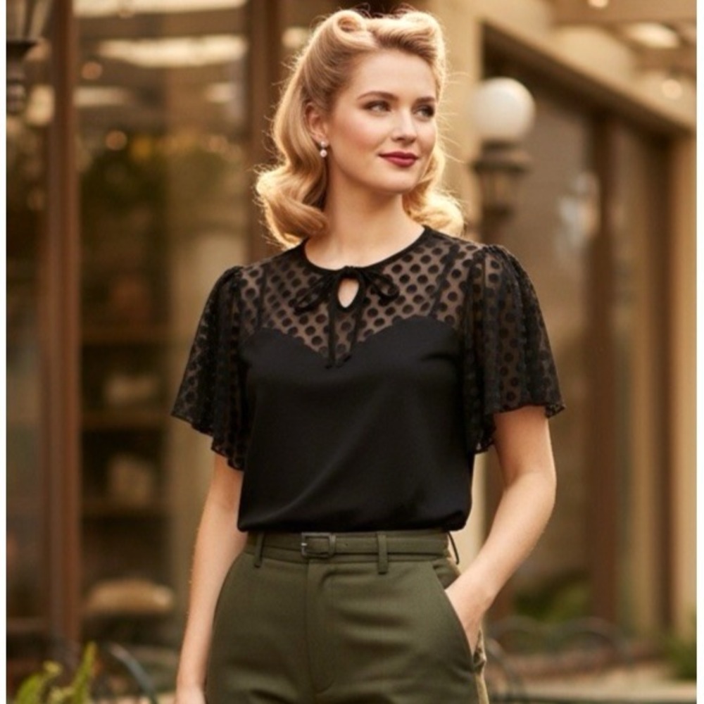Unique Vintage Sheer Polka Dot Yoke Blouse Size S Black Flutter Sleeve Retro